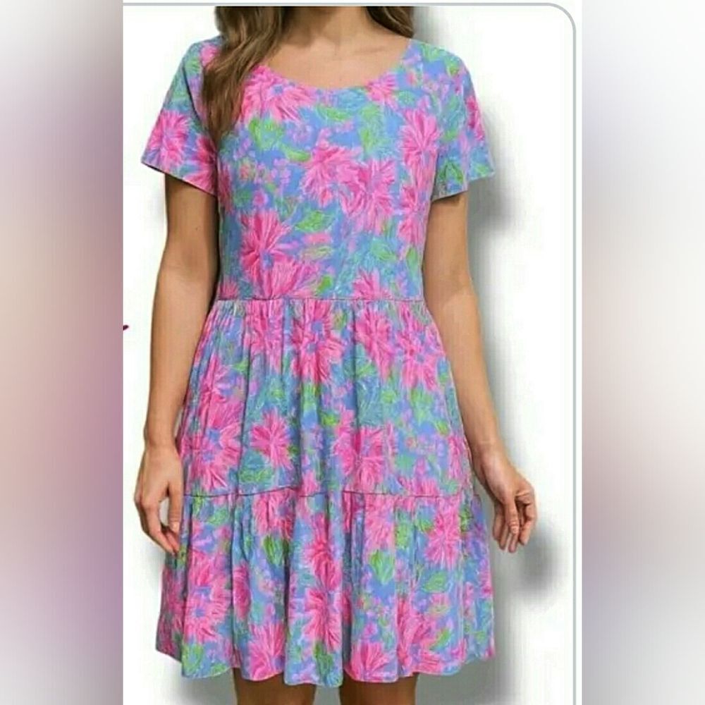 Lilly Pulitzer Geanna Blue Peri Sunrise Day Midi Short Sleeve Dress - Size XS